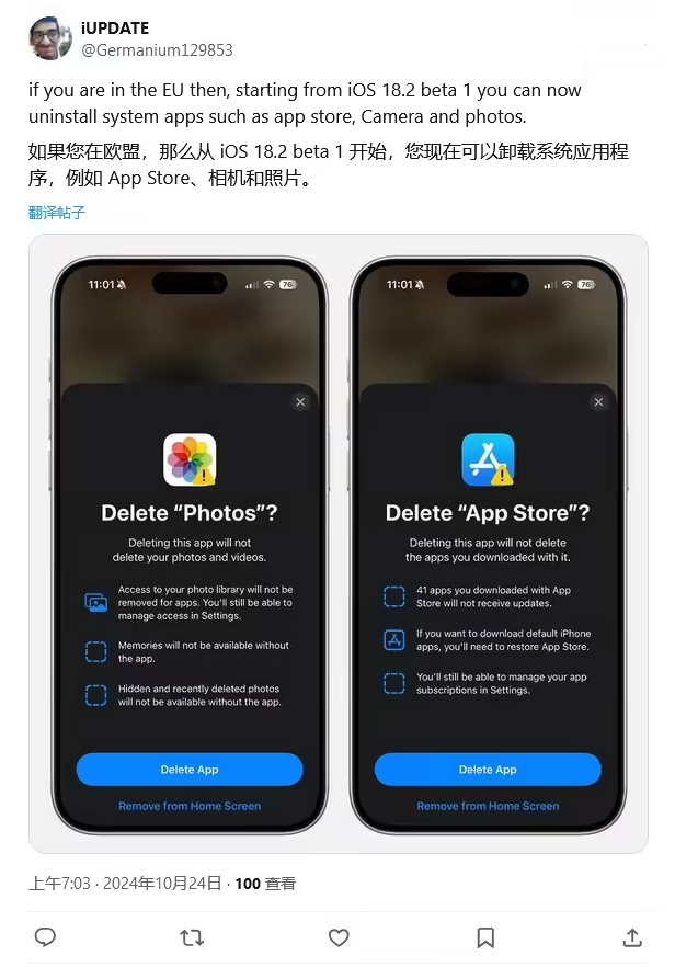 海港苹果手机维修分享iOS 18.2 支持删除 App Store 应用商店 